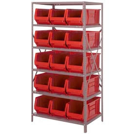 Steel Shelving with 15 24"D Hulk Hopper Bins Red, 24x36x75