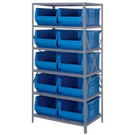 Steel Shelving with 10 24"D Hulk Hopper Bins Blue, 24x36x75