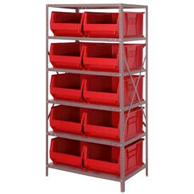 Steel Shelving with 10 24"D Hulk Hopper Bins Red, 24x36x75