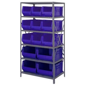 Steel Shelving with 13 24"D Hulk Hopper Bins Blue, 24x36x75
