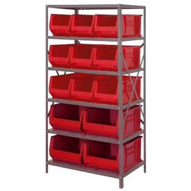 Steel Shelving with 13 24"D Hulk Hopper Bins Red, 24x36x75