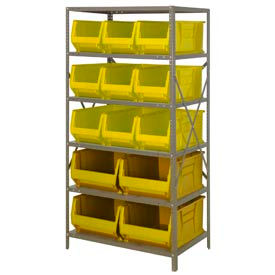 Steel Shelving with 13 24"D Hulk Hopper Bins Yellow, 24x36x75