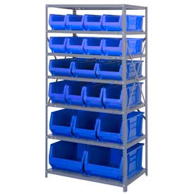 Steel Shelving with 20 24"D Hulk Hopper Bins Blue, 24x36x75