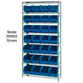 WR7-245 Chrome Wire Shelving With 24 Giant Plastic Stacking Bins Blue, 36x12x74
