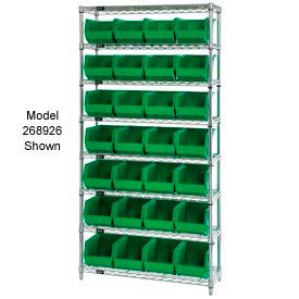 Quantum WR7-245 Chrome Wire Shelving With 24 Giant Plastic Stacking Bins Green, 36x12x74