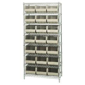 WR8-255 Chrome Wire Shelving With 21 Giant Plastic Stacking Bins Ivory, 36x18x74