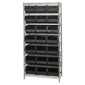 WR8-255 Chrome Wire Shelving With 21 Giant Plastic Stacking Bins Black, 36x18x74