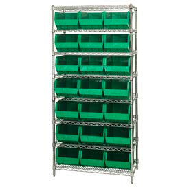 WR8-255 Chrome Wire Shelving With 21 Giant Plastic Stacking Bins Green, 36x18x74