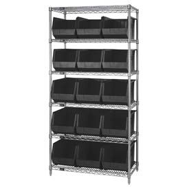 WR6-260 Chrome Wire Shelving With 15 Giant Plastic Stacking Bins Black, 36x18x74