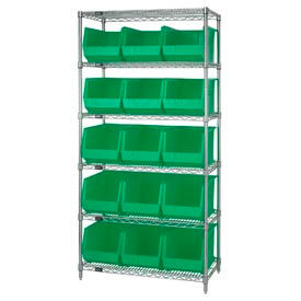 WR6-260 Chrome Wire Shelving With 15 Giant Plastic Stacking Bins Green, 36x18x74