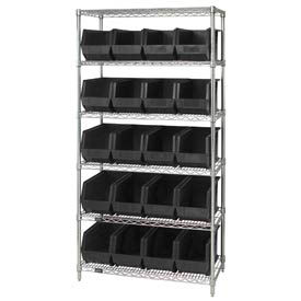 Chrome Wire Shelving With 20 Giant Plastic Stacking Bins Black, 36x18x74