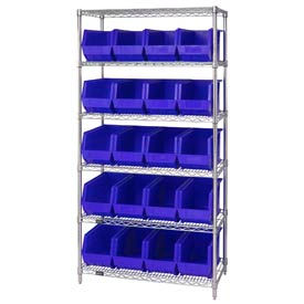 Quantum WR6-265 Wire Shelving With 20 Plastic Stacking Bins Blue, 36x18x74