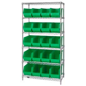 Quantum Chrome Wire Shelving With 20 Giant Plastic Stacking Bins Green, 36x18x74