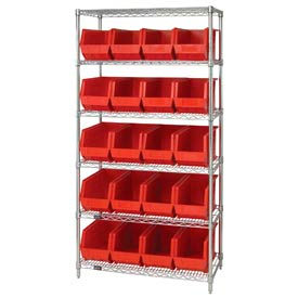 Quantum Chrome Wire Shelving With 20 Giant Plastic Stacking Bins Red 36x18x74