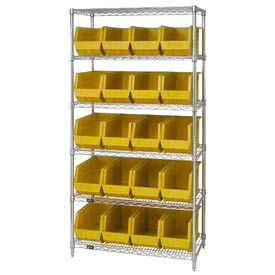 Quantum WR6-265 Chrome Wire Shelving With 20 Giant Plastic Stacking Bins Yellow, 36x18x74
