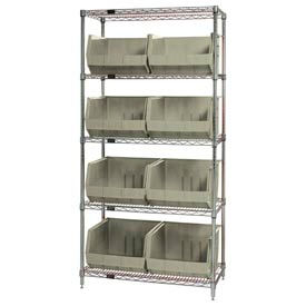 WR5-270 Chrome Wire Shelving With 8 Giant Plastic Stacking Bins Ivory, 36x18x74