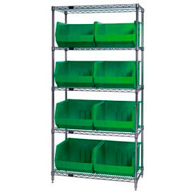 Chrome Wire Shelving With 8 Giant Plastic Stacking Bins Green, 36x18x74