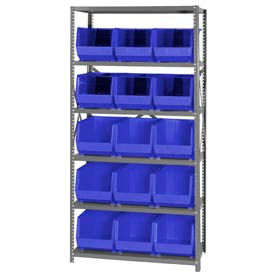 Quantum Steel Shelving With 15 Giant Stacking Bins Blue, 18x36x75