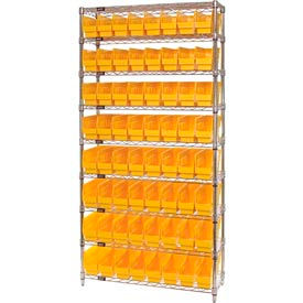 Chrome Wire Shelving with 64 6"H Plastic Shelf Bins Yellow, 36x12x74