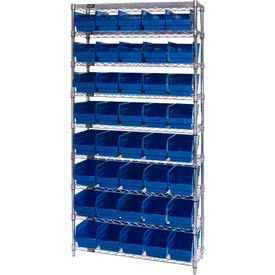 WR9-202 Chrome Wire Shelving with 40 6"H Plastic Shelf Bins Blue, 36x12x74