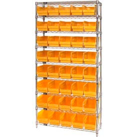 WR9-202 Chrome Wire Shelving with 40 6"H Plastic Shelf Bins Yellow, 36x12x74