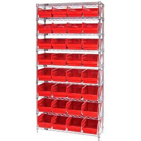 Wire Shelving with 32 6"H Plastic Shelf Bins Red, 36x12x74