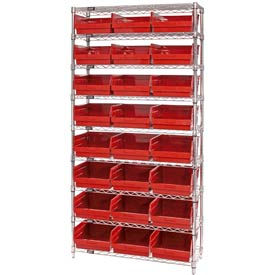 Chrome Wire Shelving with 24 6"H Plastic Shelf Bins Red, 36x12x74