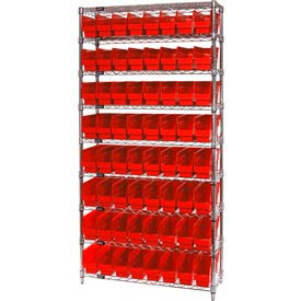 Quantum Chrome Wire Shelving with 64 6"H Plastic Shelf Bins Red, 36x18x74