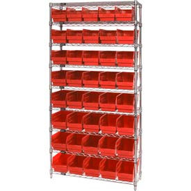 Wire Shelving with 40 6"H Plastic Shelf Bins Red, 36x18x74