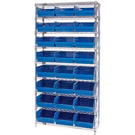 WR9-210 Chrome Wire Shelving with 24 6"H Plastic Shelf Bins Blue, 36x18x74