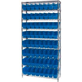 Wire Shelving with 64 6"H Plastic Shelf Bins Blue, 36x24x74