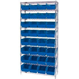 WR9-214 Chrome Wire Shelving with 32 6"H Plastic Shelf Bins Blue, 36x24x74