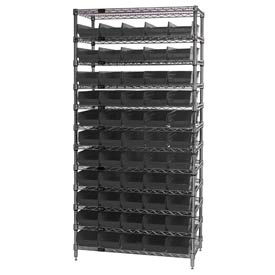 Chrome Wire Shelving With 55 4"H Shelf Bins Black, 12x36x74