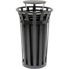 Outdoor Slatted Steel Trash Can With Rain Bonnet Lid, 24 Gallon, Black
