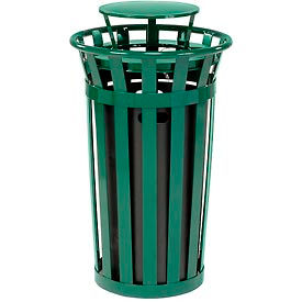 Outdoor Slatted Steel Trash Can With Rain Bonnet Lid, 24 Gallon, Green
