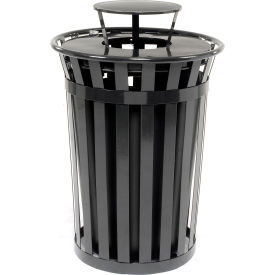 Outdoor Slatted Steel Trash Can With Rain Bonnet Lid, 36 Gallon, Black