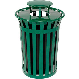 Outdoor Slatted Steel Trash Can With Rain Bonnet Lid, 36 Gallon, Green