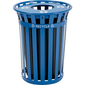 Outdoor Slatted Recycling Can w/Flat Lid, 36 Gallon, Blue