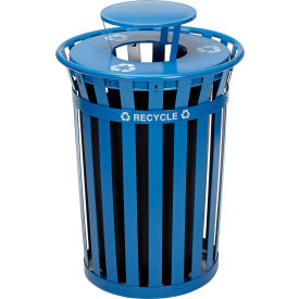 Outdoor Slatted Steel Recycling Can w/Rain Bonnet Lid, 36 Gallon, Blue