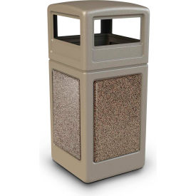 Square Waste Container w/Dome Lid - Beige w/Riverstone Stone Panels, 42-Gallon