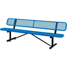 8' Outdoor Steel Bench w/ Backrest, Expanded Metal, Blue