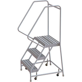 3 Step Aluminum Rolling Ladder, 16"W Ribbed Step, 30" Handrails