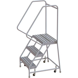 3 Step Aluminum Rolling Ladder, 24"W Ribbed Step, 30" Handrails
