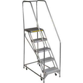 5 Step Aluminum Rolling Ladder, 24"W Ribbed Step, 30" Handrails
