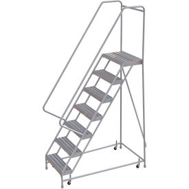 7 Step Aluminum Rolling Ladder, 24"W Ribbed Step, 30" Handrails