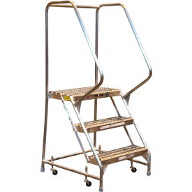3 Step Aluminum Rolling Ladder, 24"W Grip Step, 30" Handrails - WLAR103245