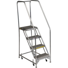 4 Step Aluminum Rolling Ladder, 24"W Grip Step, 30" Handrails