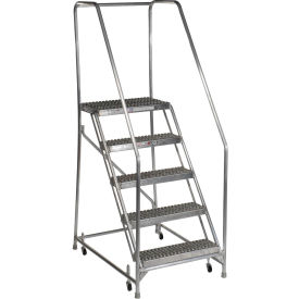 5 Step Aluminum Rolling Ladder, 24"W Grip Step, 30" Handrails