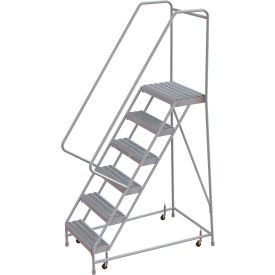 6 Step Aluminum Rolling Ladder, 24"W Grip Step, 30" Handrails