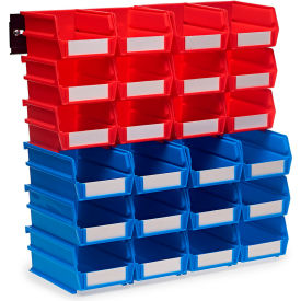 Wall Storage Unit with 12 Red Bins, 12 Blue Bins, 2 Wall Mount Rails, 26 Pieces